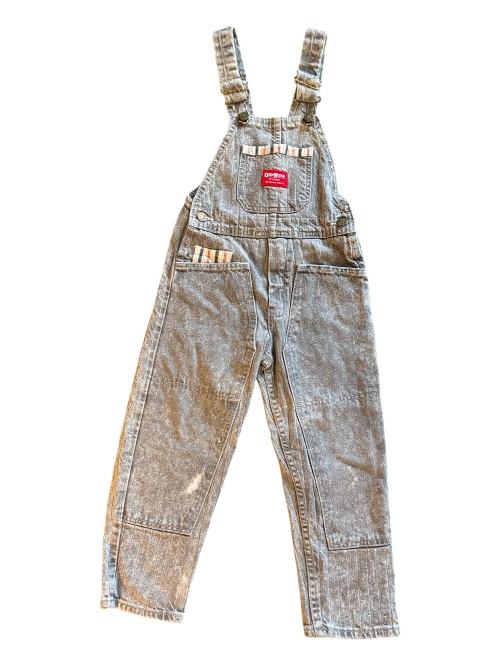 OshKosh B'gosh Light Gray Denim Overalls with Stripe Accents Size 5